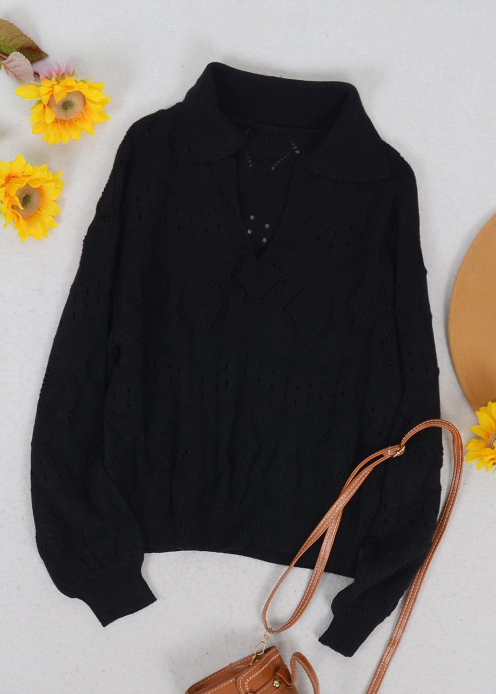 Solid Color Eyelet Knit Sweater