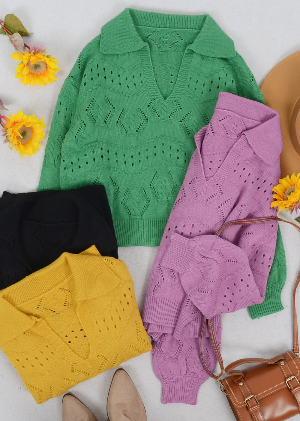 Solid Color Eyelet Knit Sweater