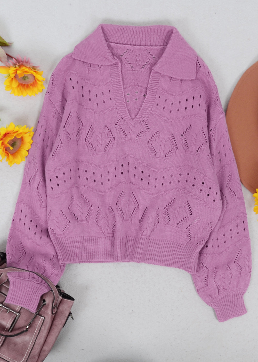 Solid Color Eyelet Knit Sweater