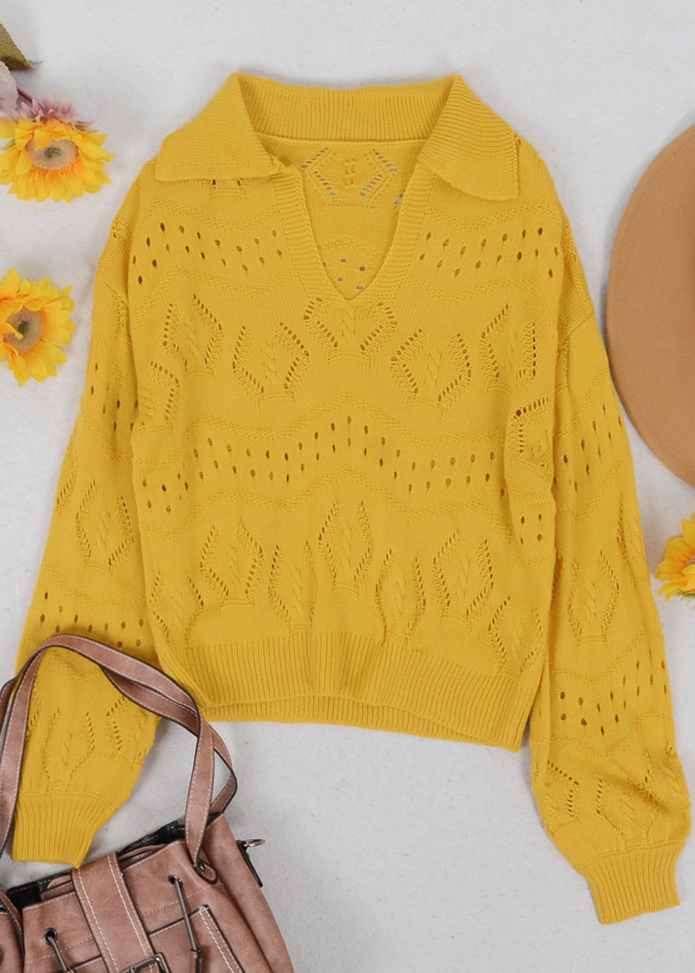 Solid Color Eyelet Knit Sweater