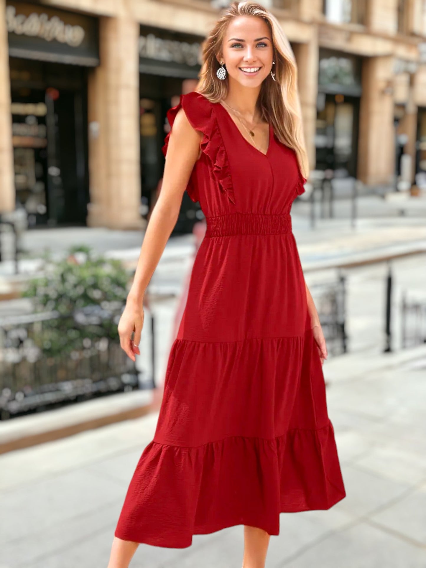 V Neck Ruffle Detail Tiered Dress