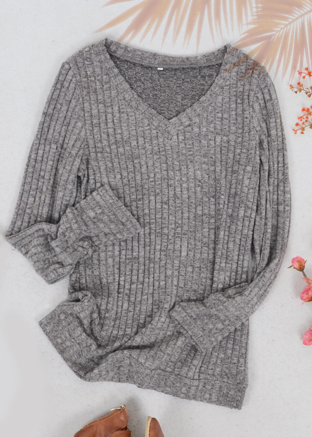Solid Color Ribbed Knit Sweater