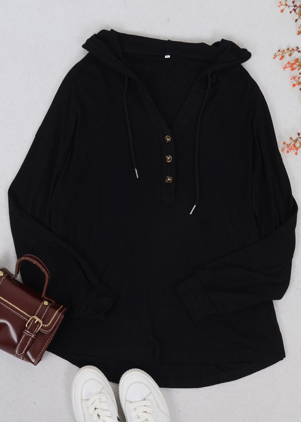 Drop Shoulder Button Front Hooded Sweater