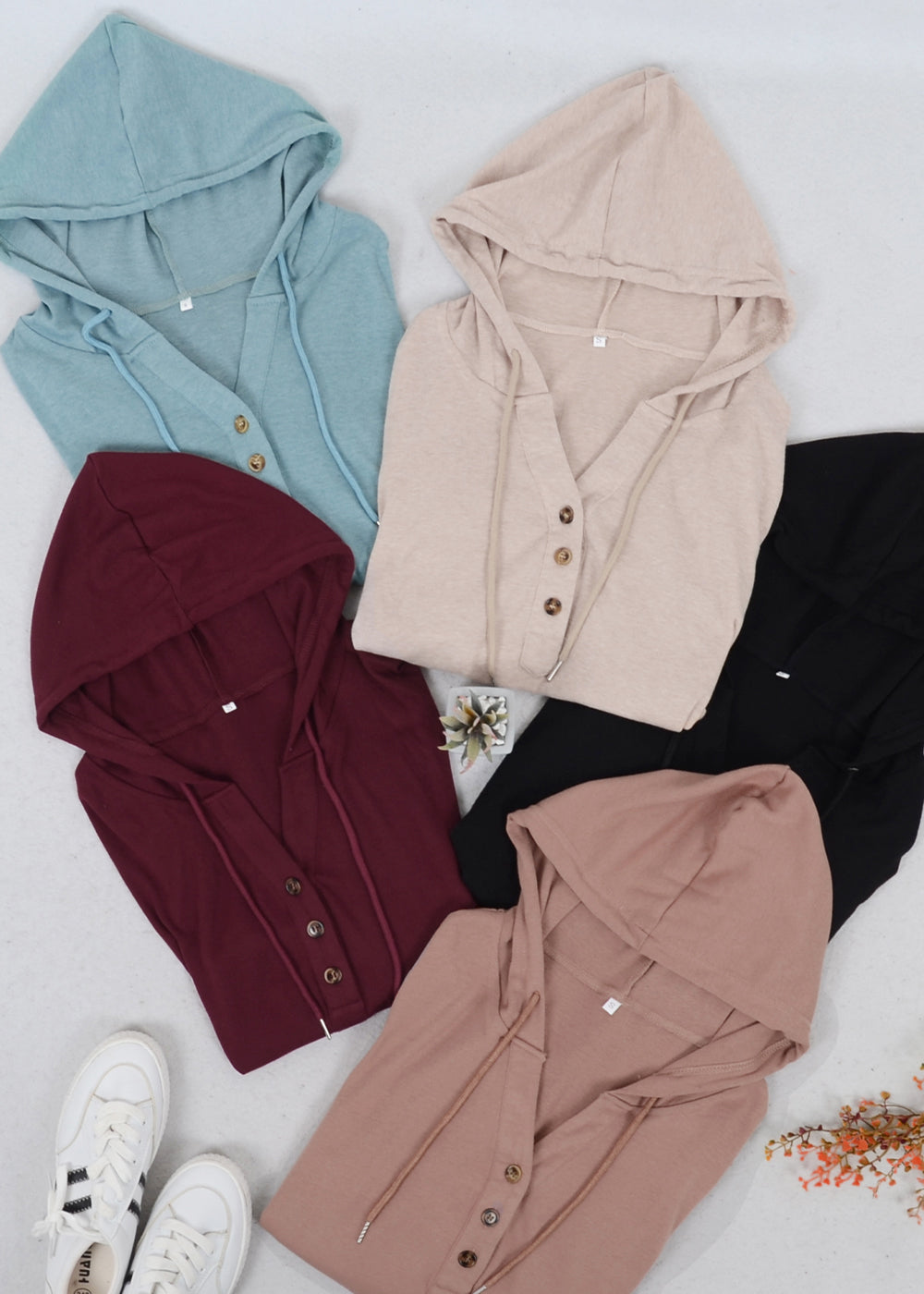Drop Shoulder Button Front Hooded Sweater