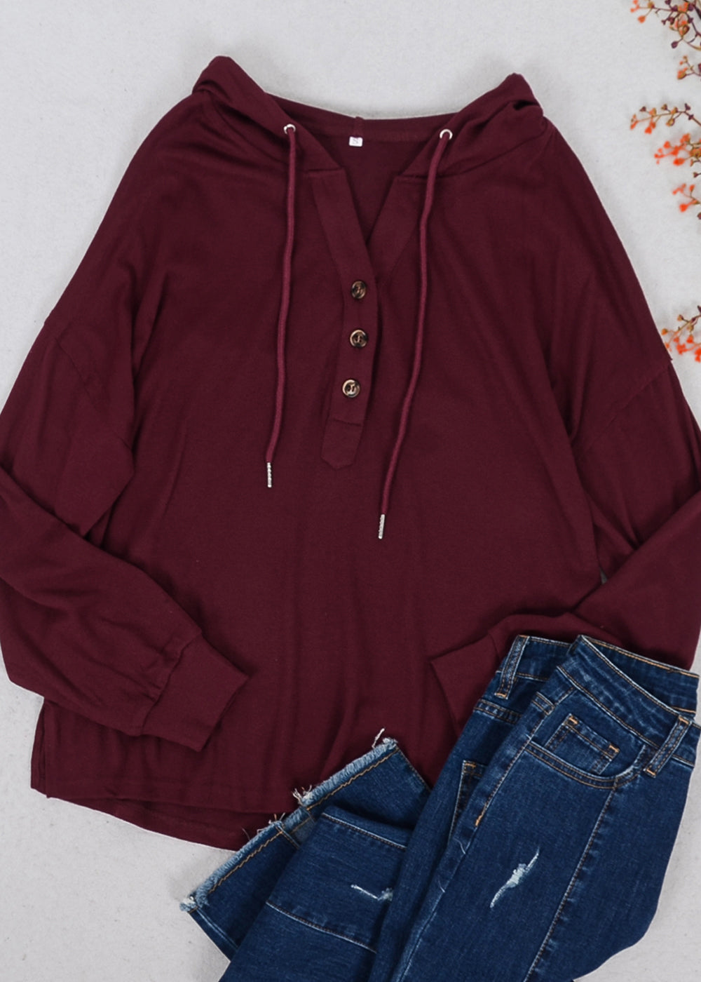 Drop Shoulder Button Front Hooded Sweater