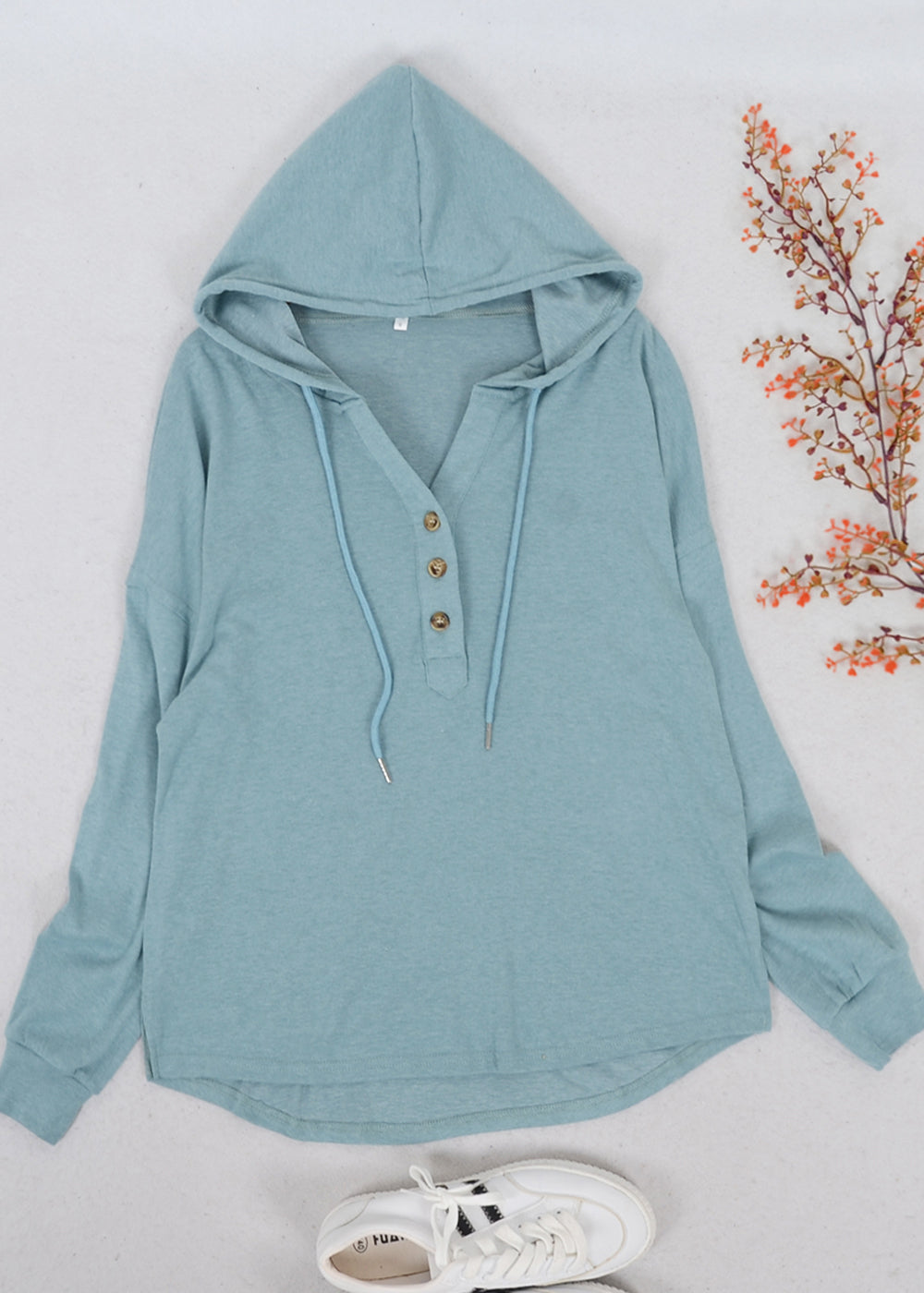 Drop Shoulder Button Front Hooded Sweater