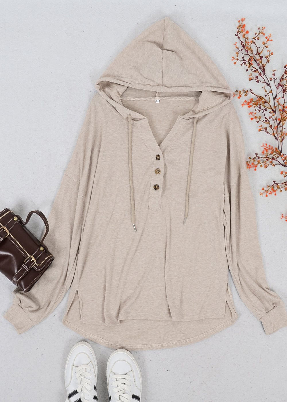 Drop Shoulder Button Front Hooded Sweater