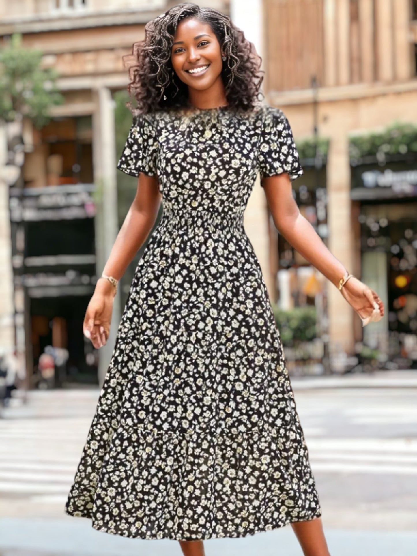 Floral Print Shirred Waist Midi Dress