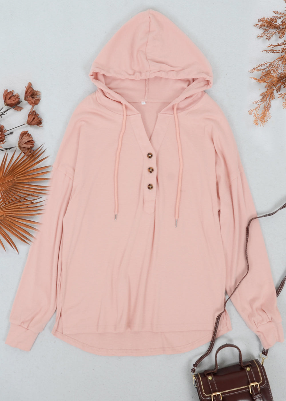 Drop Shoulder Button Front Hooded Sweater
