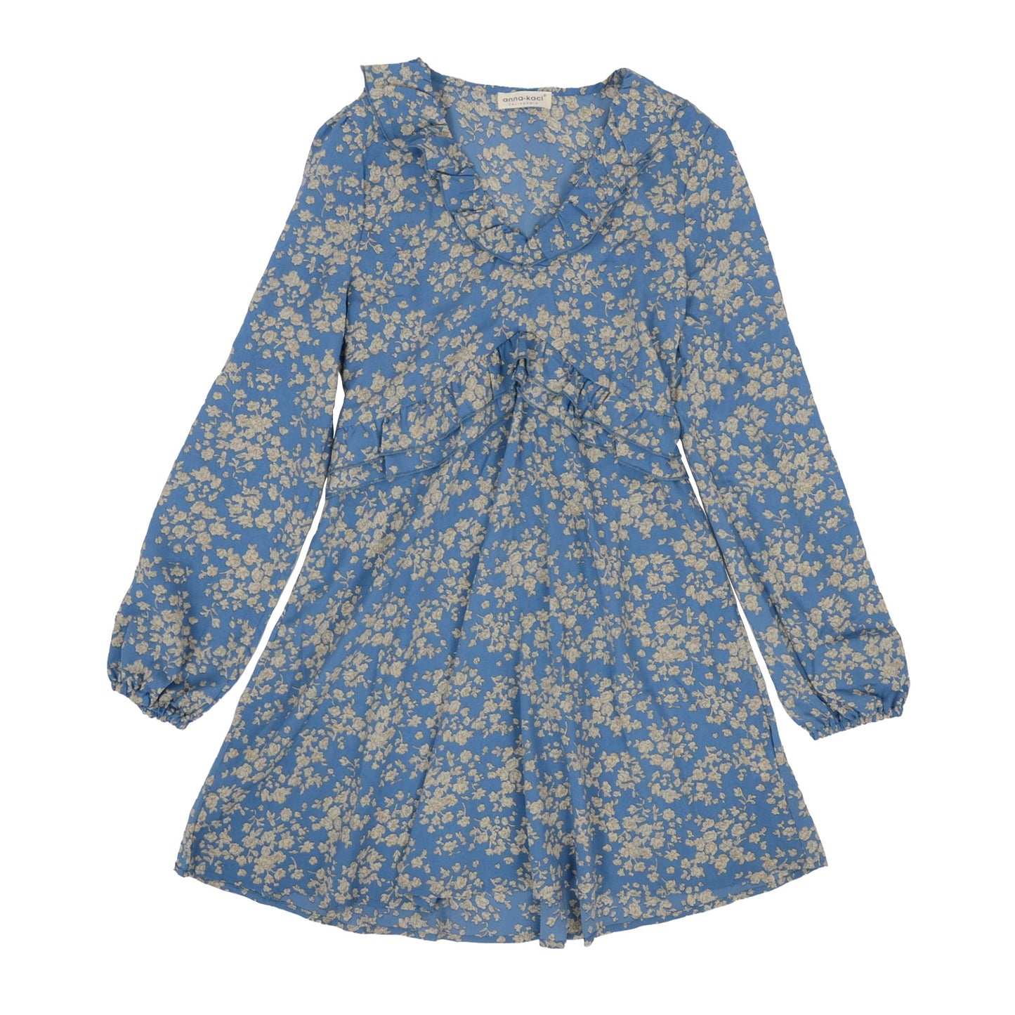 Anna-Kaci Floral Print V Neck Long Sleeve Ruffle Detail Dress for Women