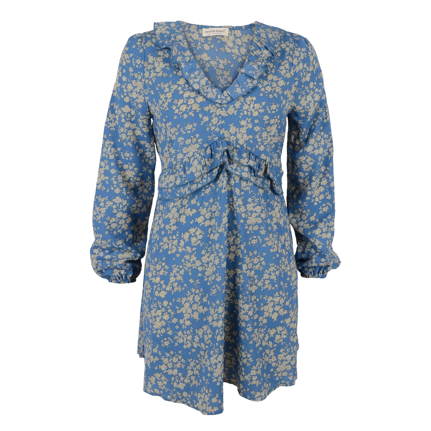 Anna-Kaci Floral Print V Neck Long Sleeve Ruffle Detail Dress for Women