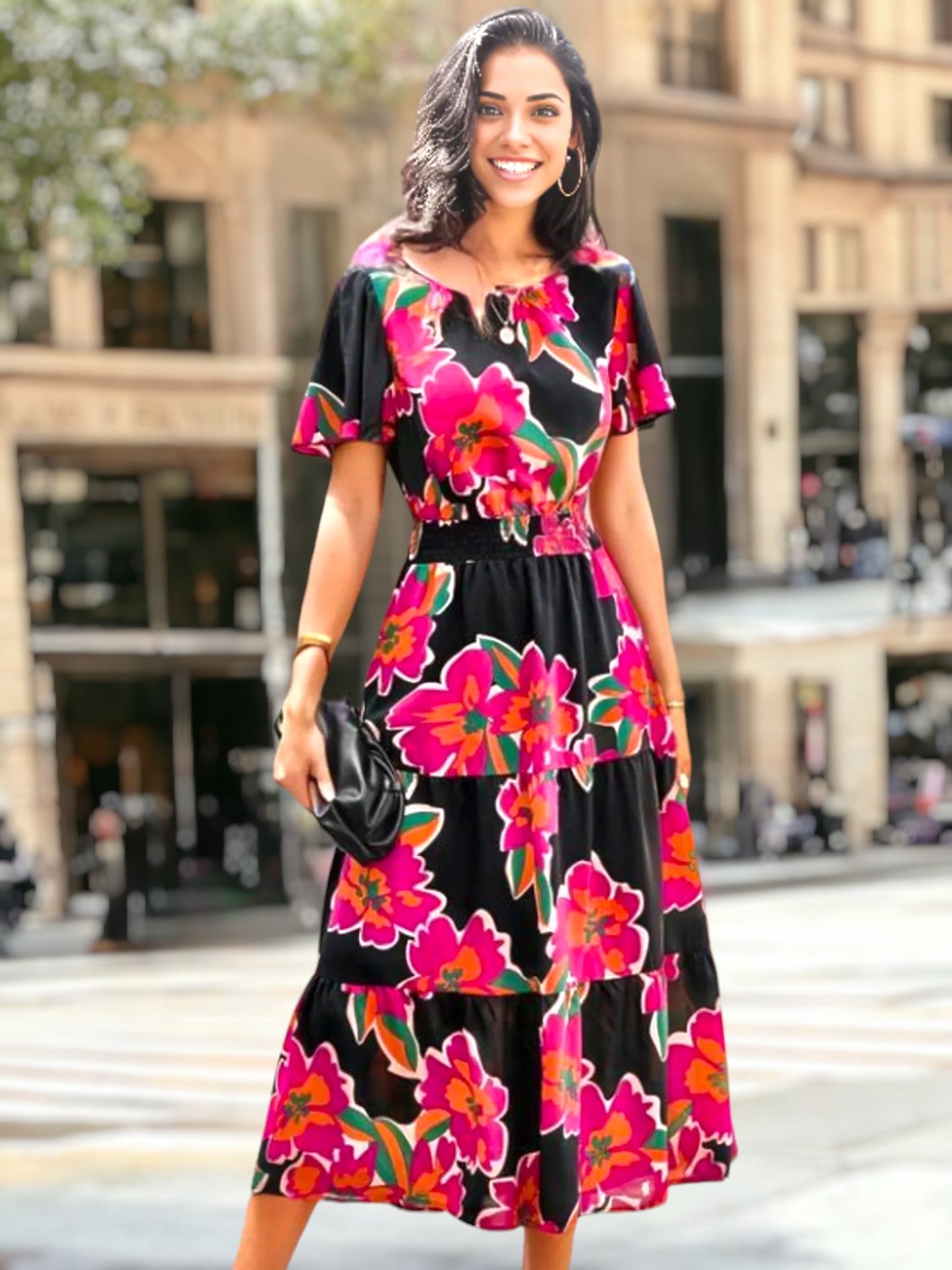 Floral Print Shirred Waist Midi Dress