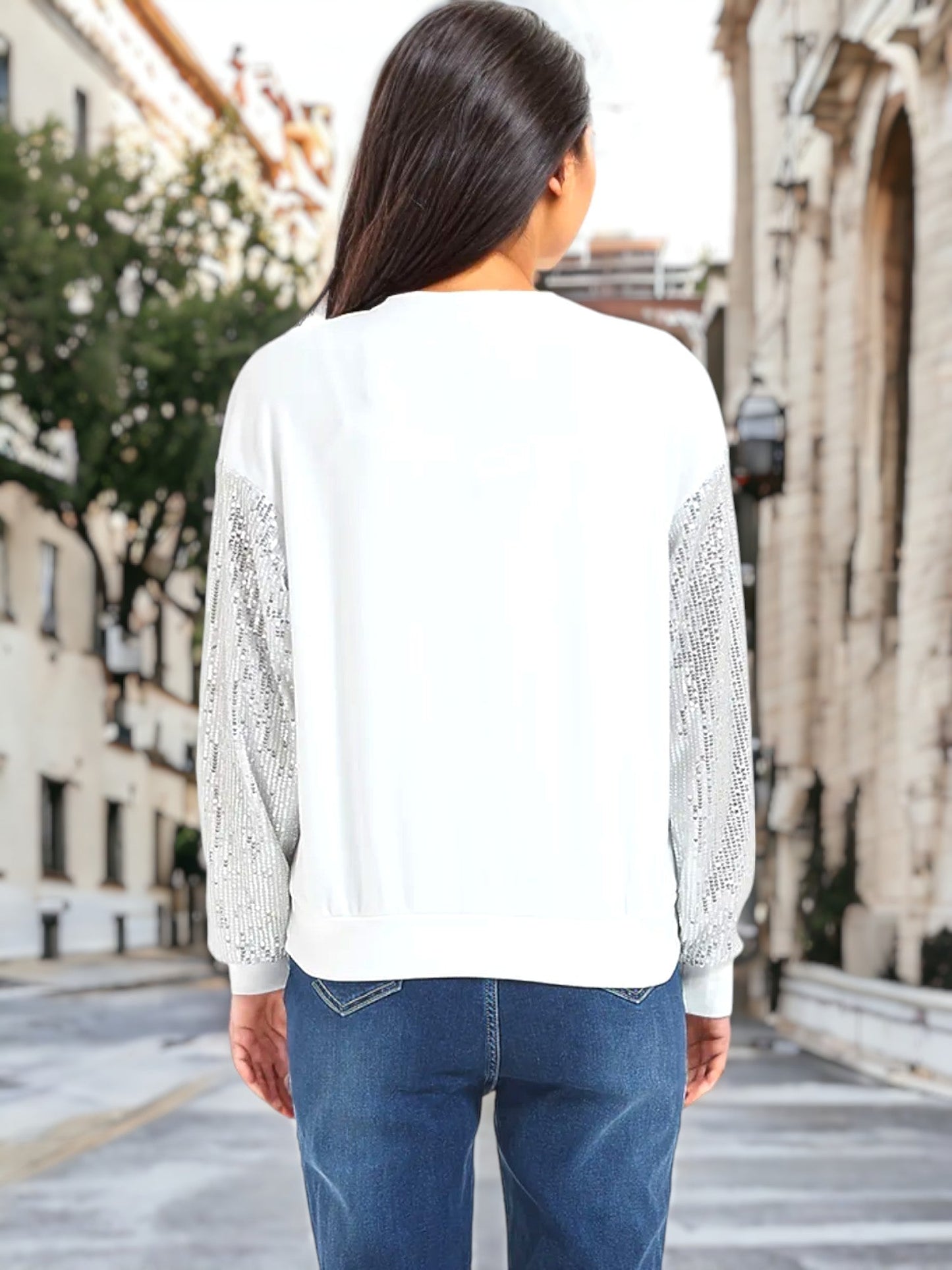 Sparkle Sequin Tops Sweatshirt Long Lantern Sleeve Pullover