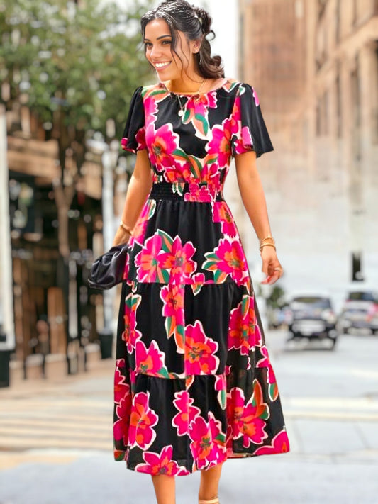 Floral Print Shirred Waist Midi Dress