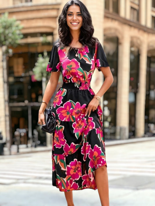 Floral Print Shirred Waist Midi Dress