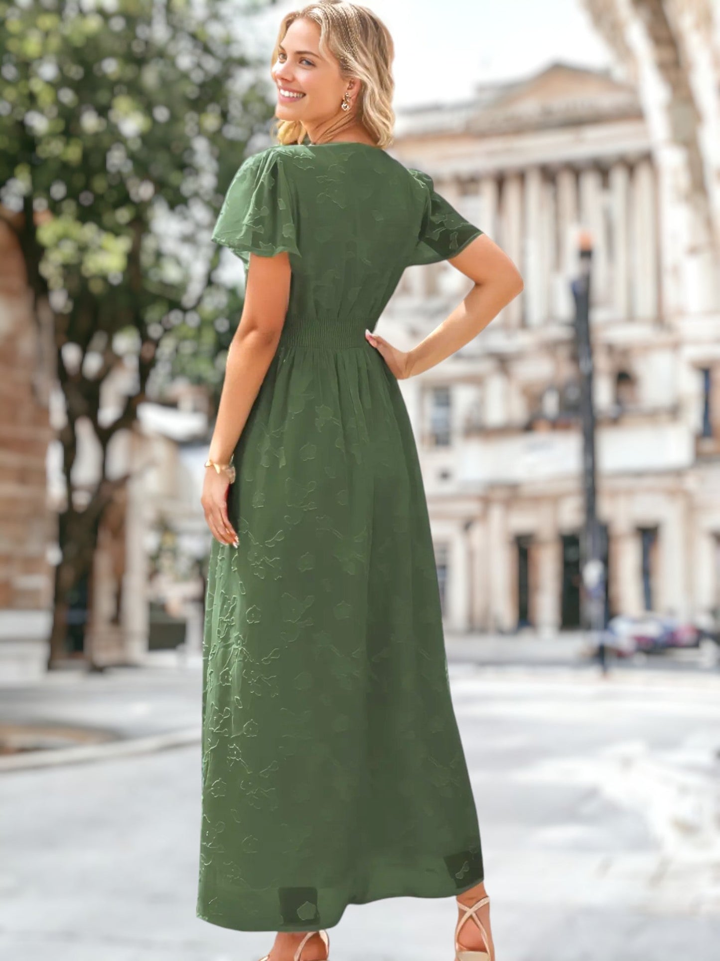 Floral Pattern Shirred Waist Dress