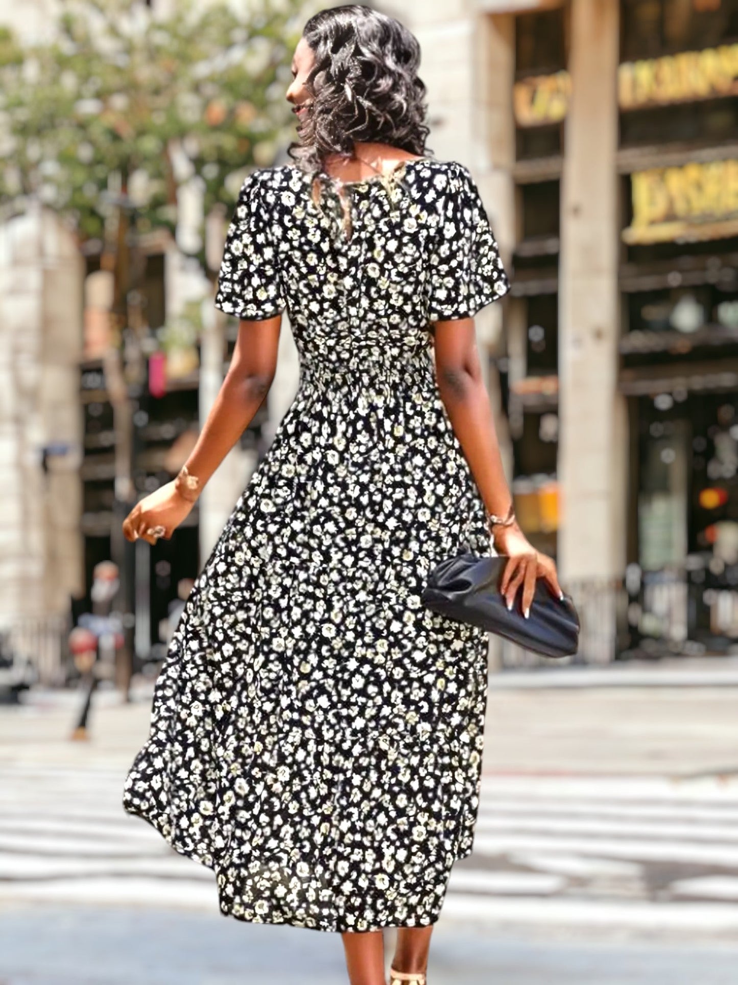 Floral Print Shirred Waist Midi Dress