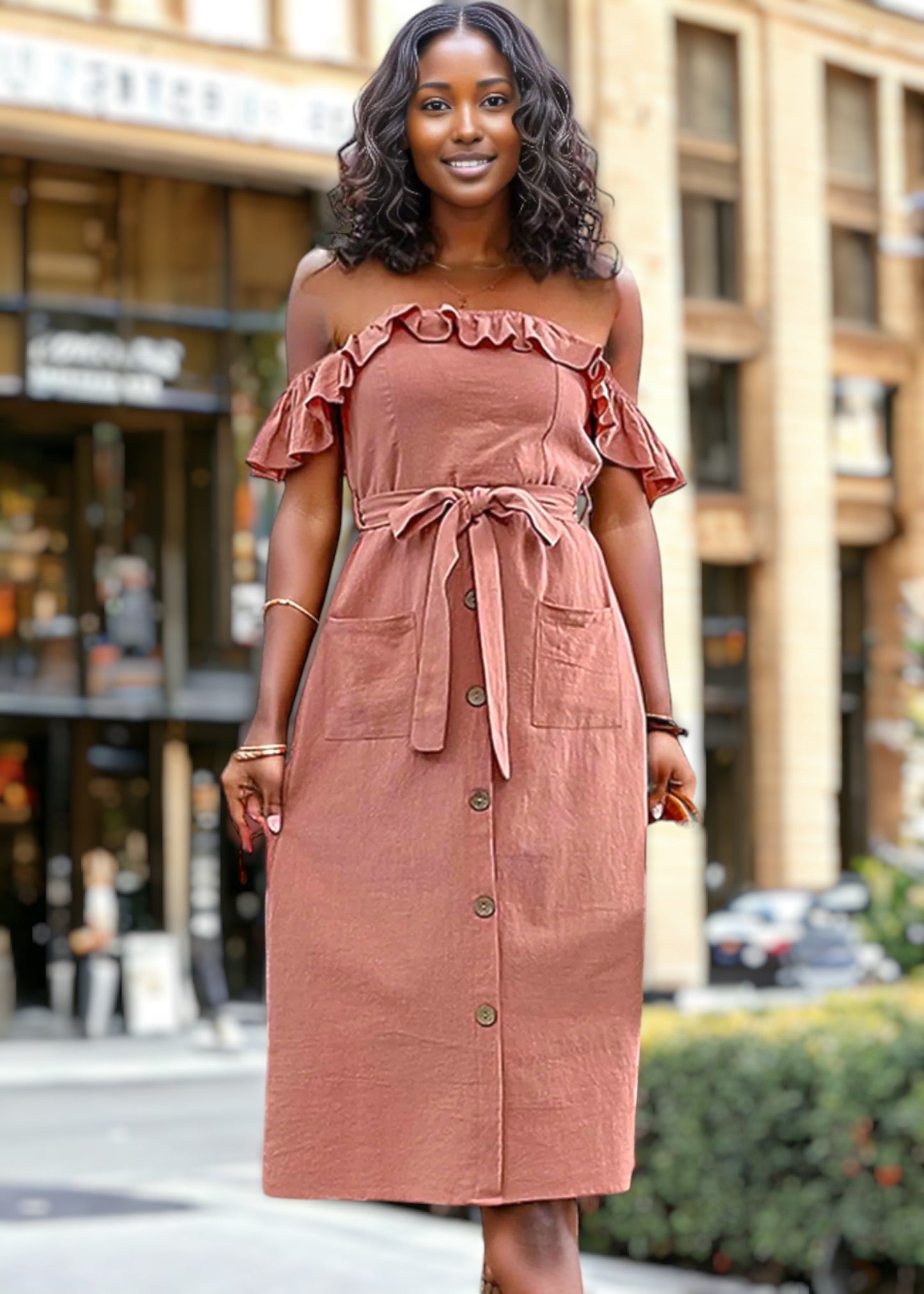 Ruffle Off-Shoulder Button Dress
