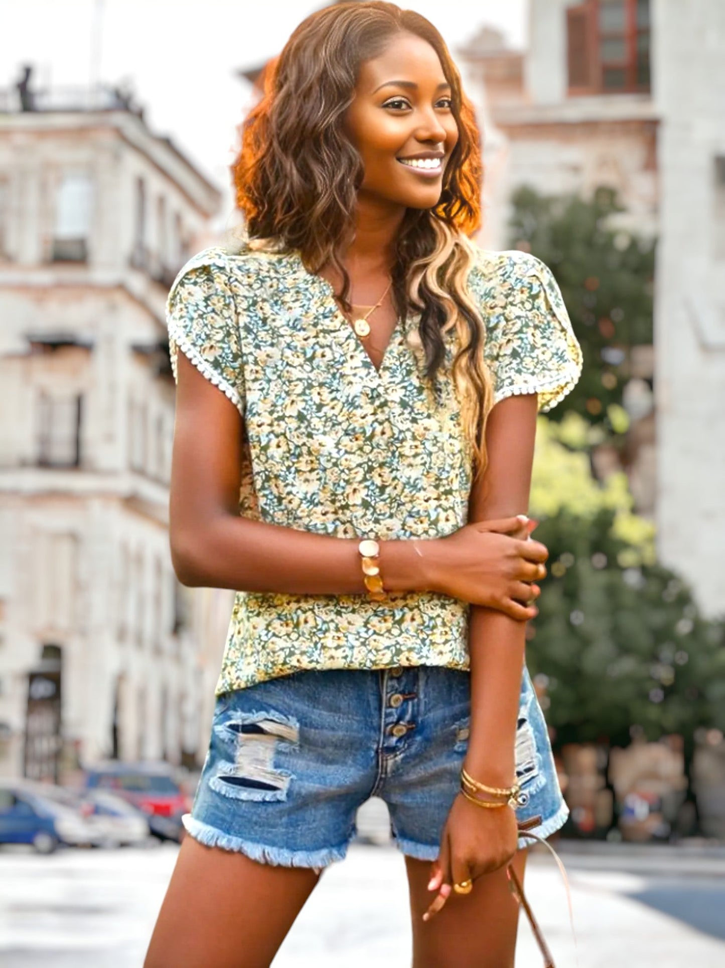 Split V Neck Tulip Sleeve Shirt