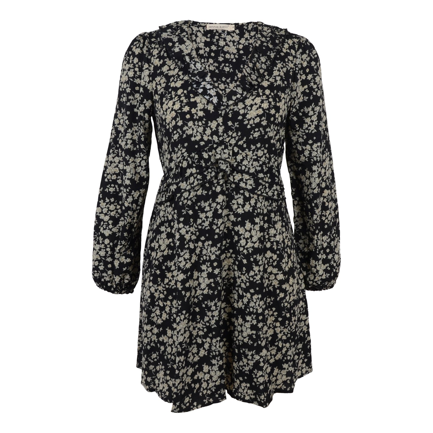 Anna-Kaci Floral Print V Neck Long Sleeve Ruffle Detail Dress for Women