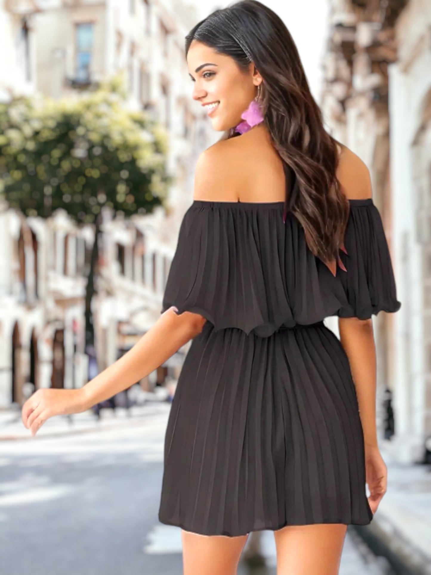 Solid Off-Shoulder Pleated Dress