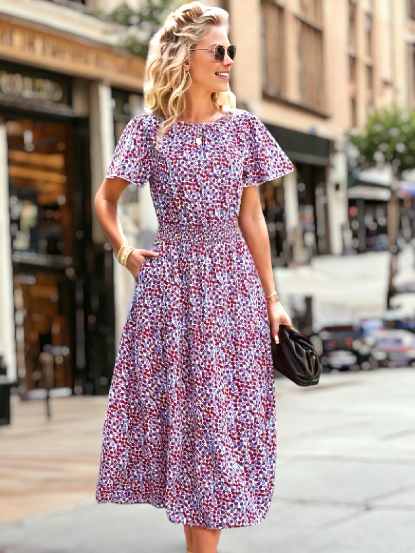 Floral Print Shirred Waist Midi Dress