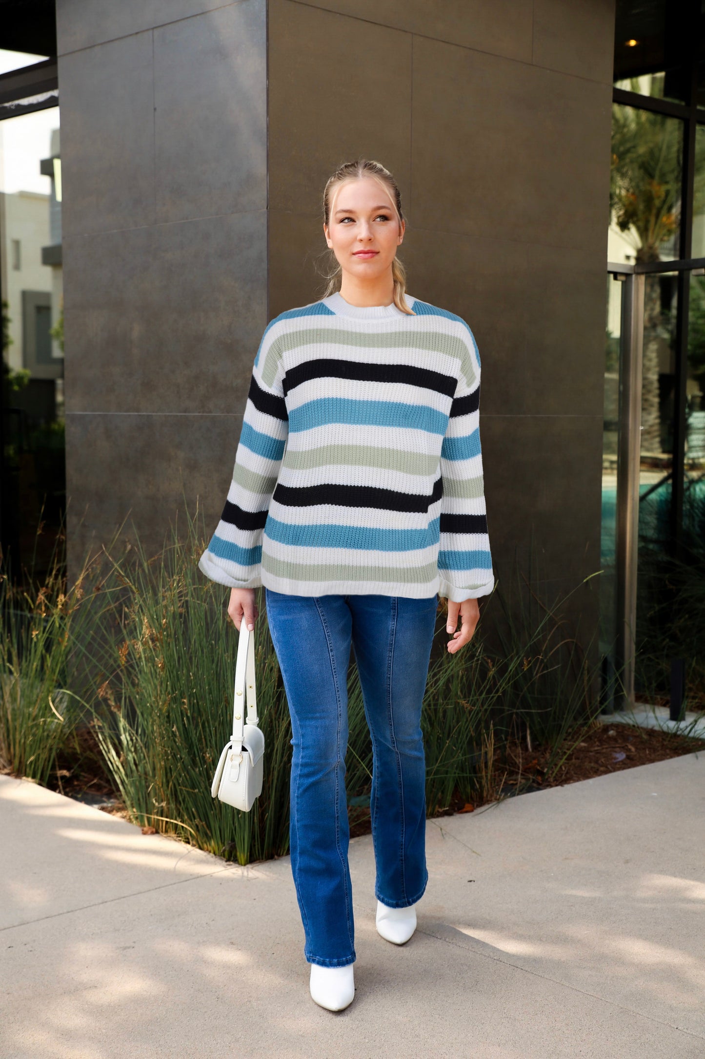 Anna-Kaci Striped Bell Sleeve Light Long Sleeve Sweater Top for Women