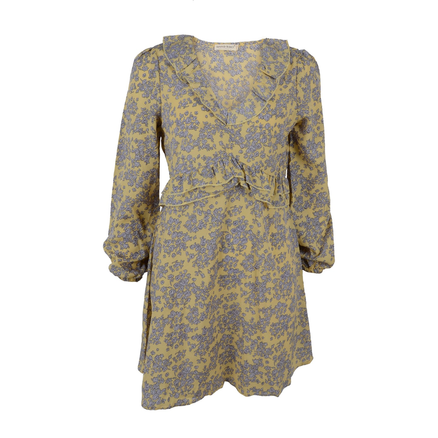 Anna-Kaci Floral Print V Neck Long Sleeve Ruffle Detail Dress for Women