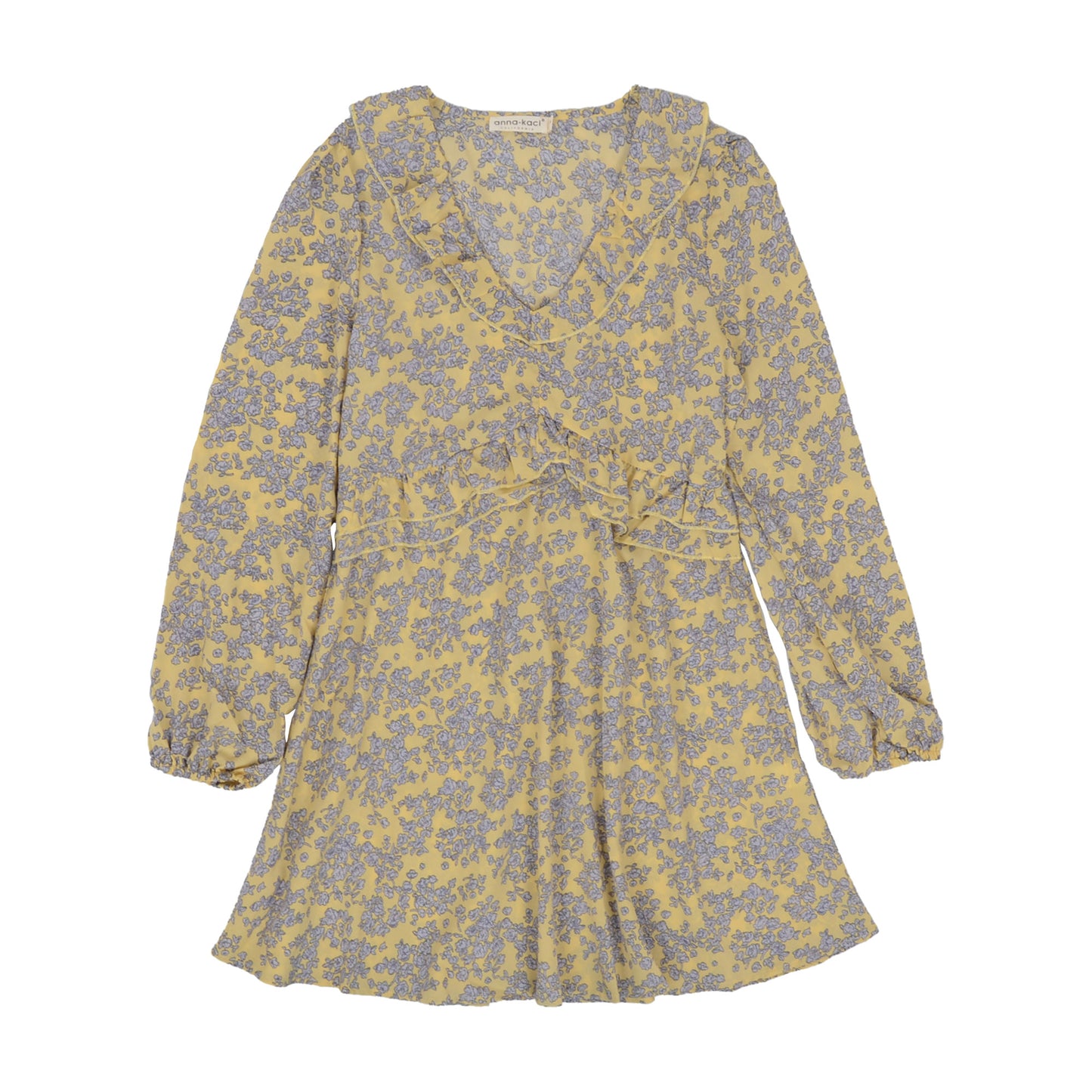 Anna-Kaci Floral Print V Neck Long Sleeve Ruffle Detail Dress for Women