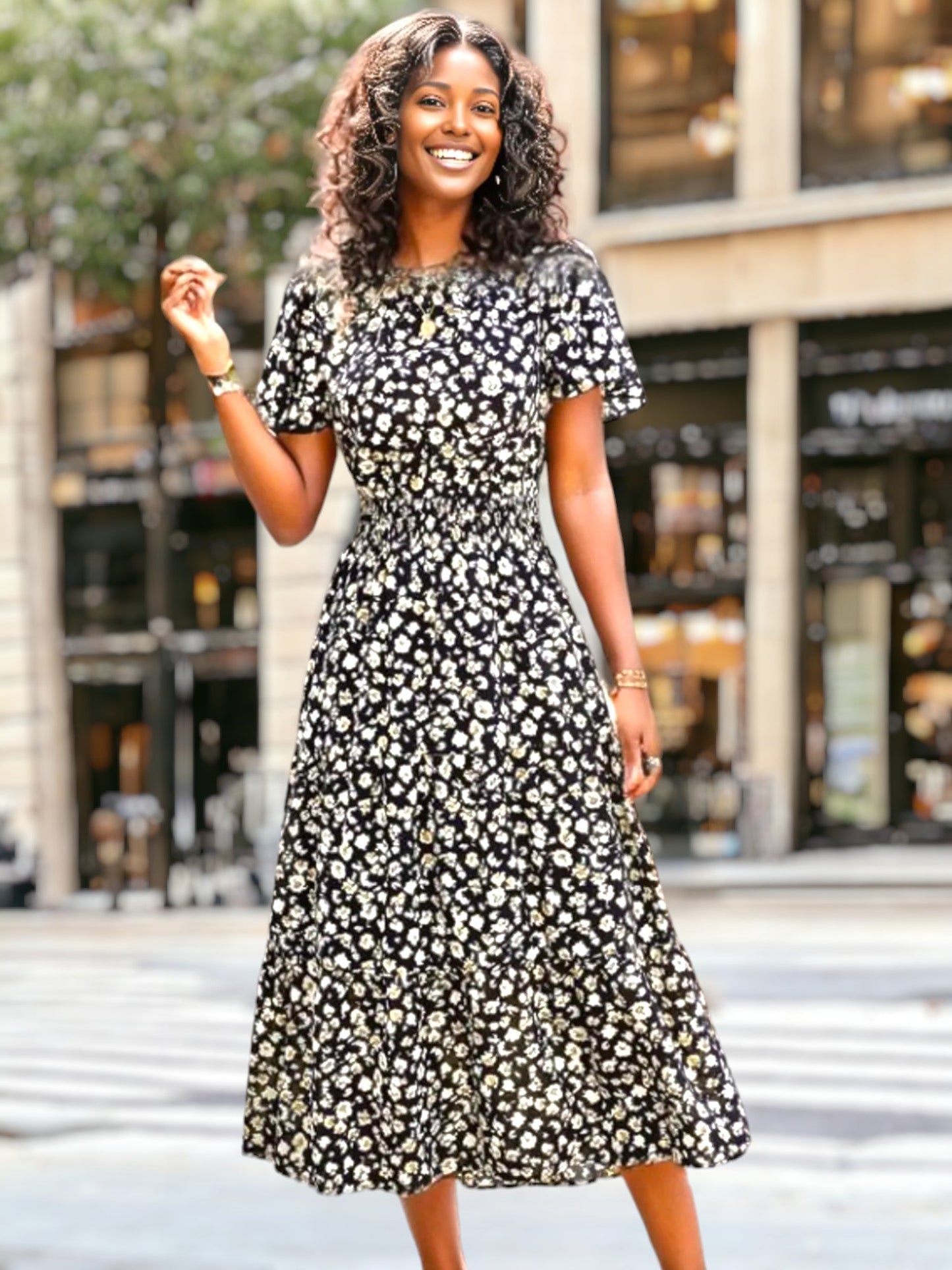 Floral Print Shirred Waist Midi Dress