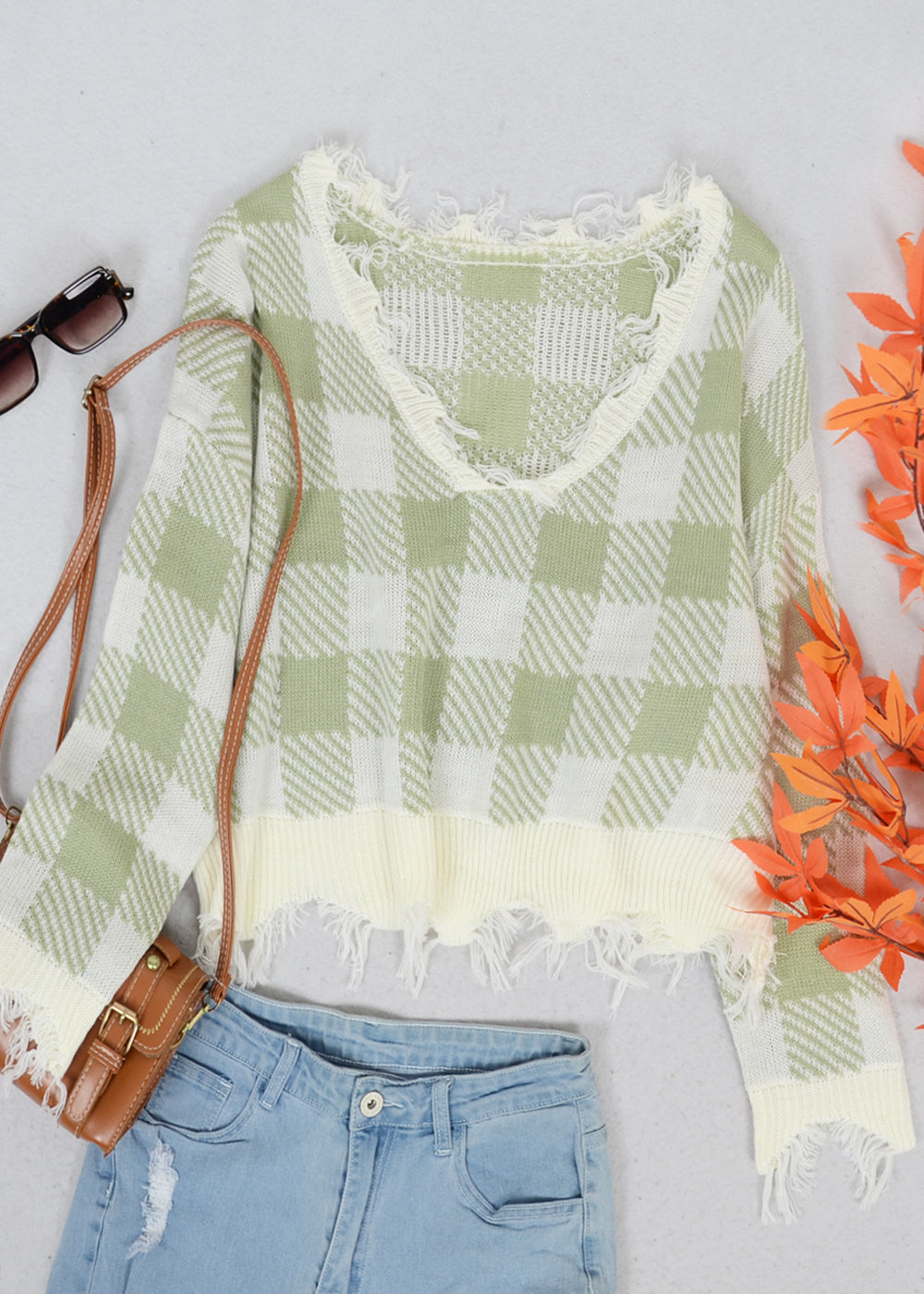 Tassel Frayed Hem Patterned Sweater