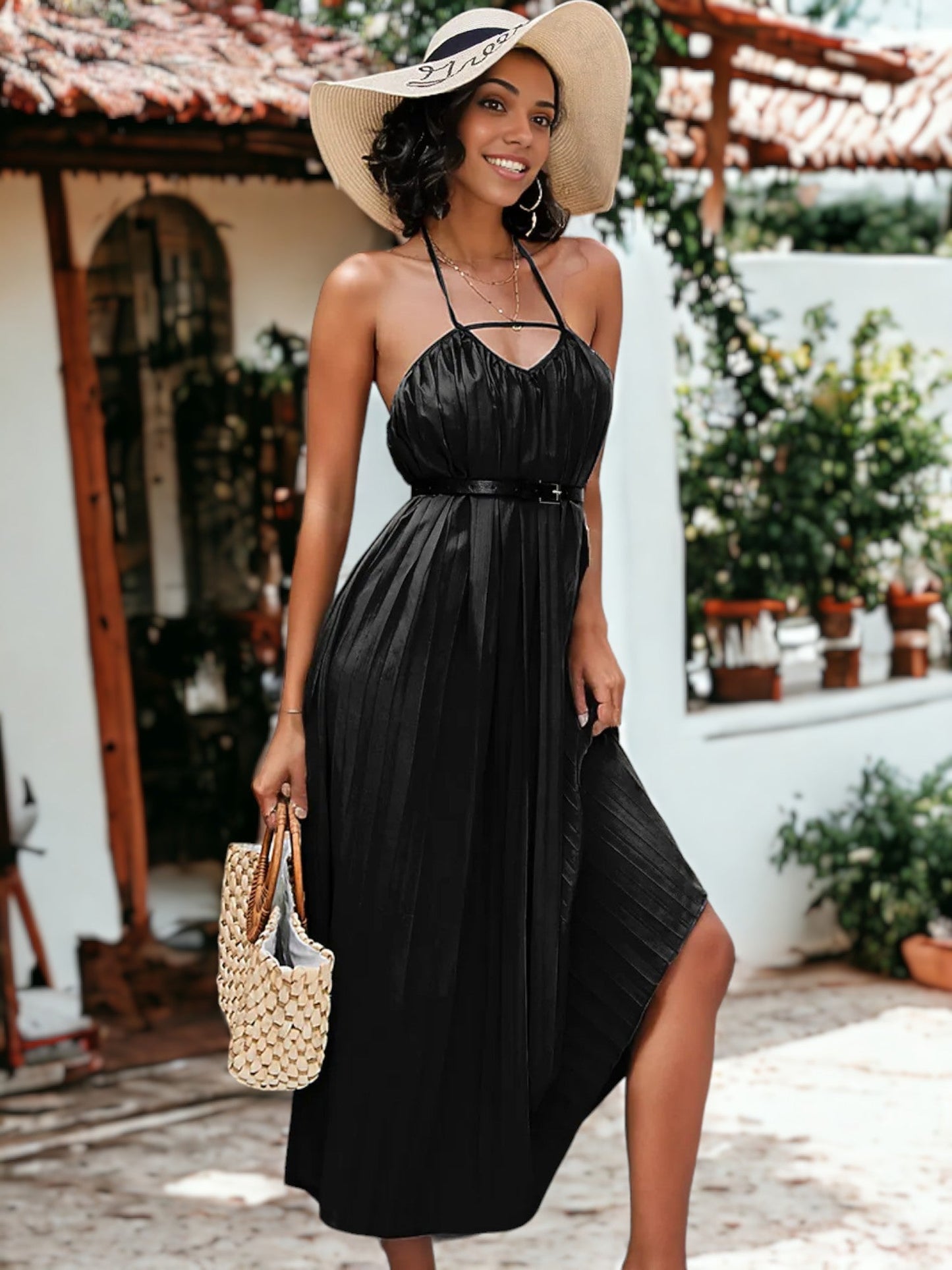 Strap V-Neck Pleated Front Midi Dress