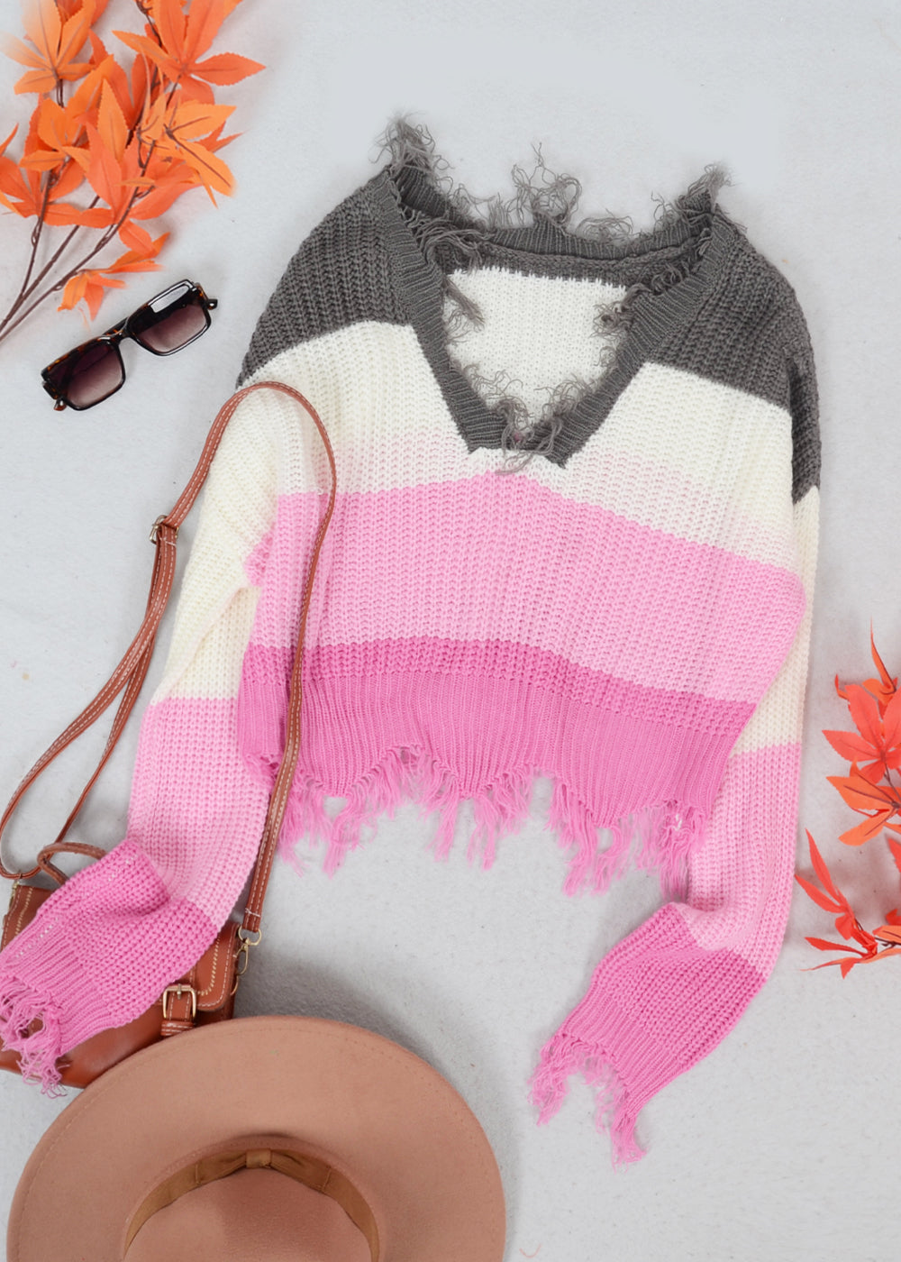 Tassel Frayed Hem Patterned Sweater