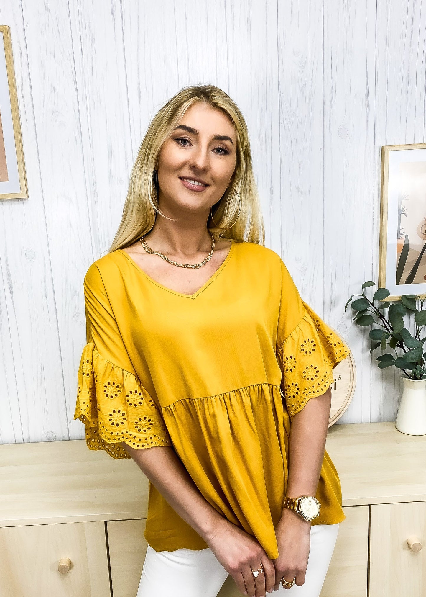 Eyelet Sleeve Flowy Blouse
