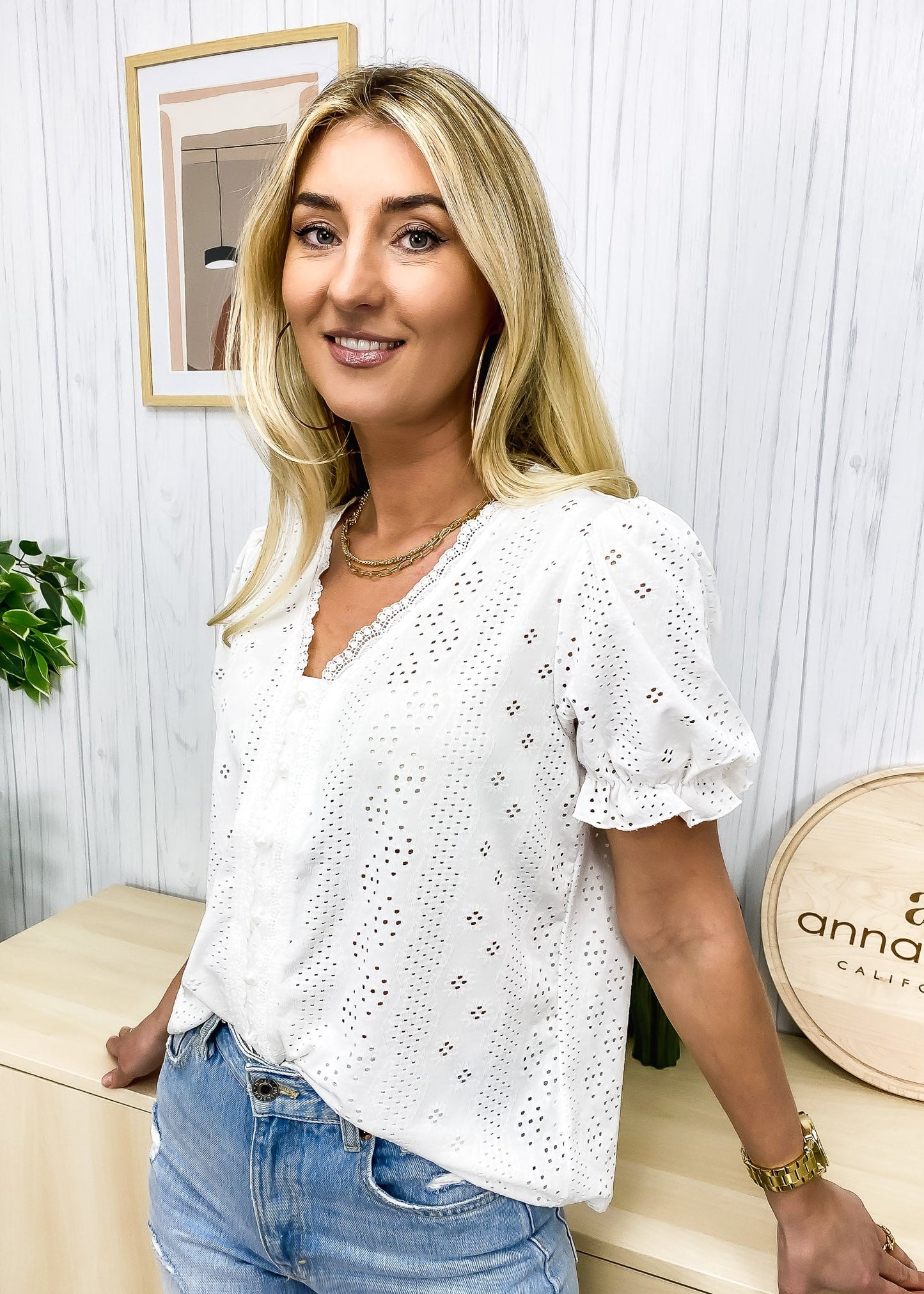 Pearl Button Front Eyelet Top