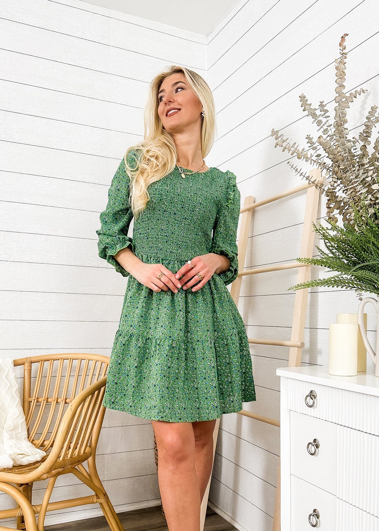 Smocked Chest Long Sleeve Floral Dress