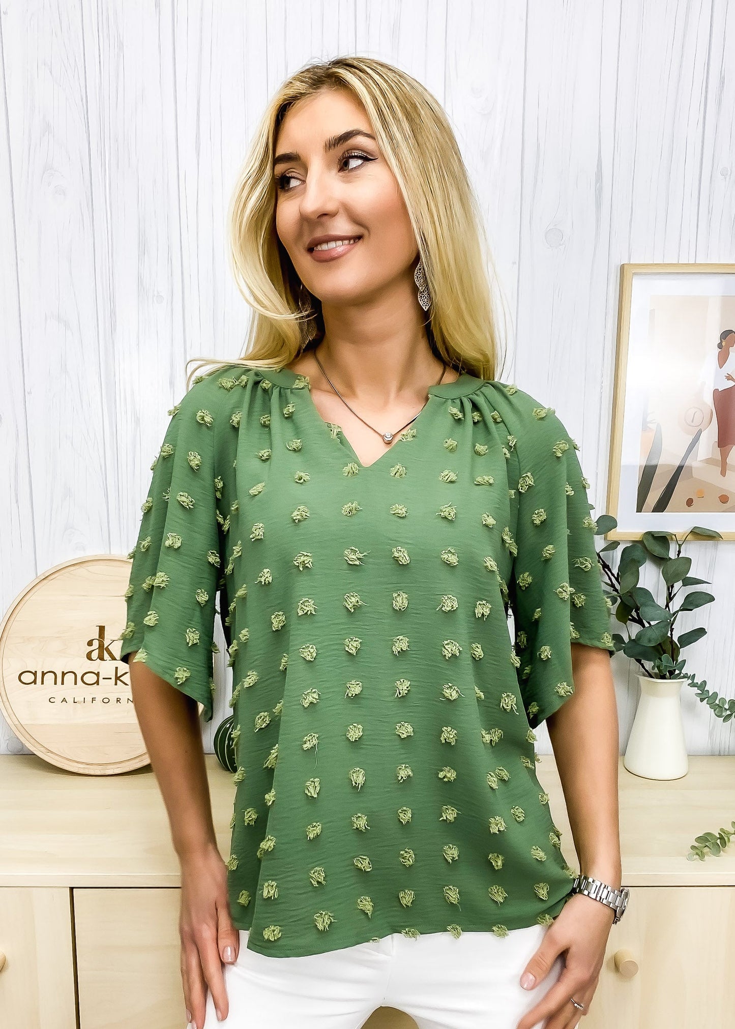 Swiss Dot Slanted Sleeve Blouse