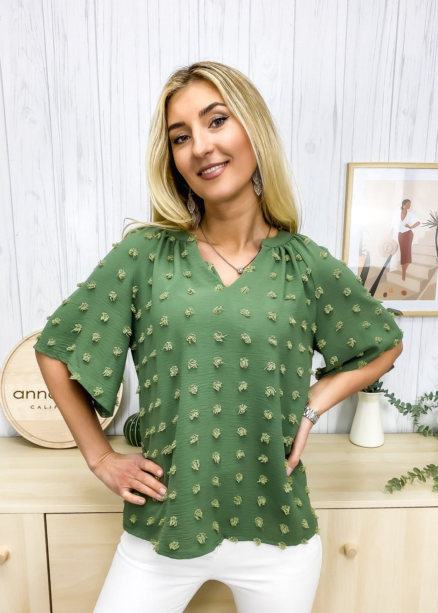 Swiss Dot Slanted Sleeve Blouse