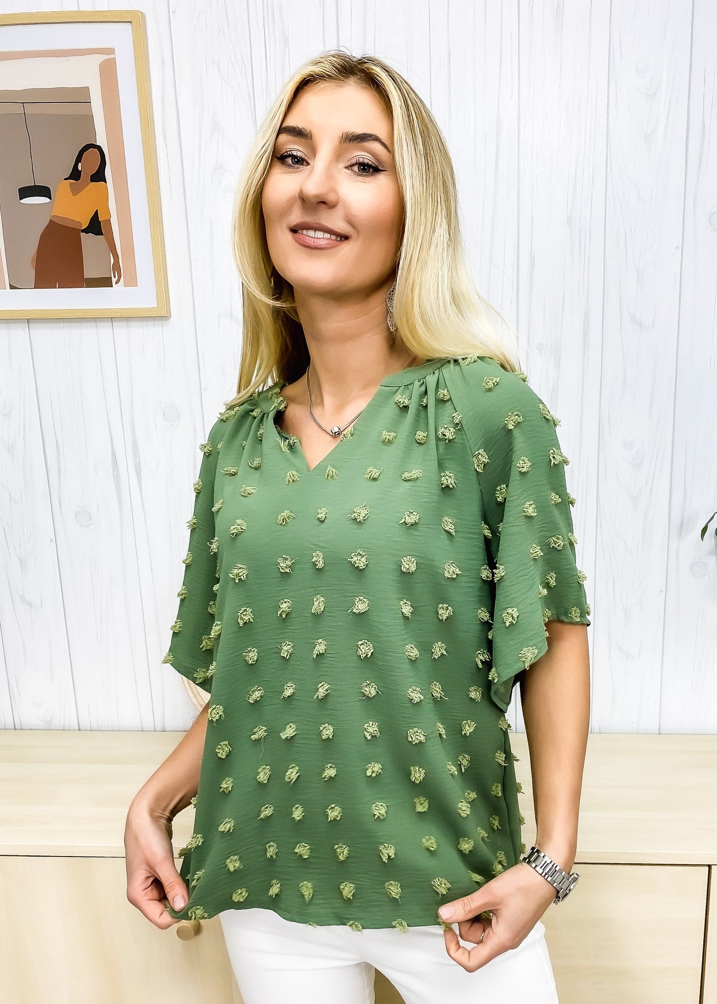 Swiss Dot Slanted Sleeve Blouse
