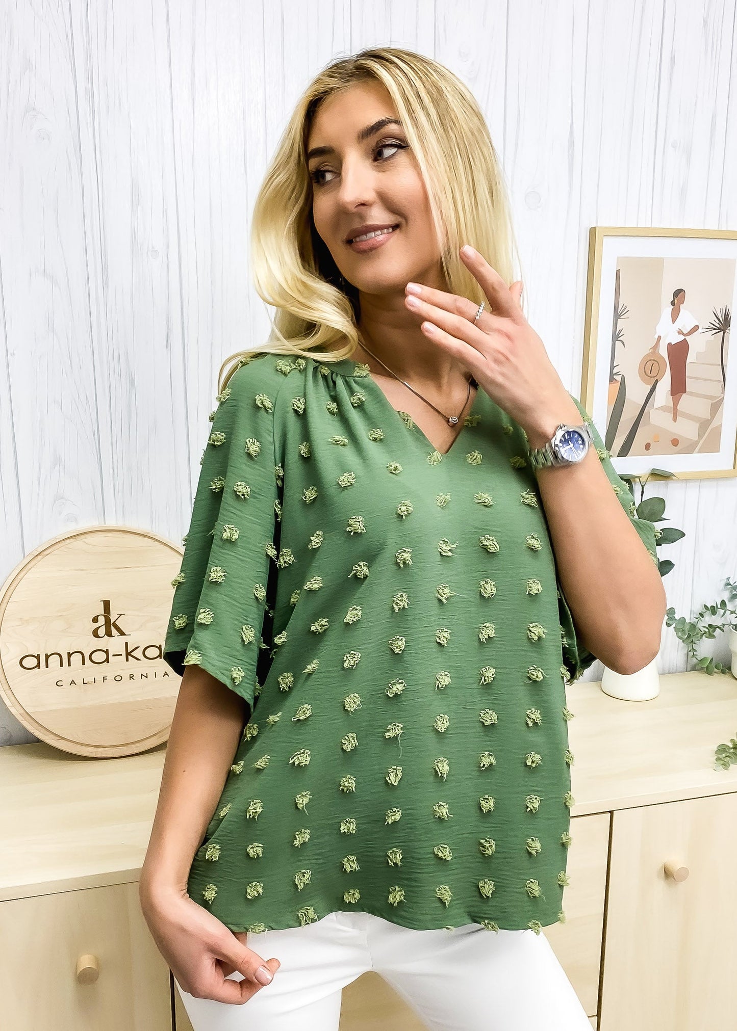 Swiss Dot Slanted Sleeve Blouse