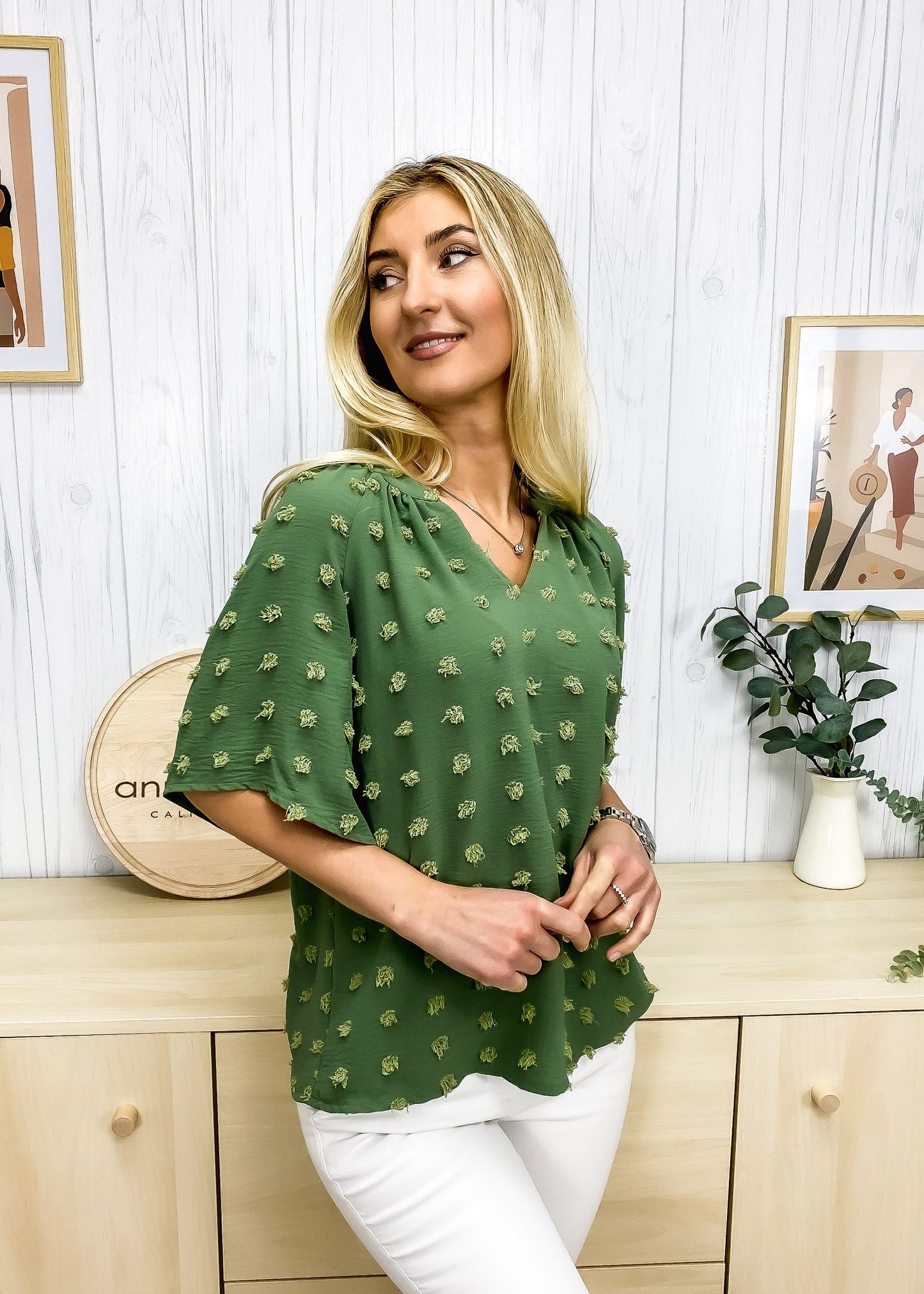 Swiss Dot Slanted Sleeve Blouse