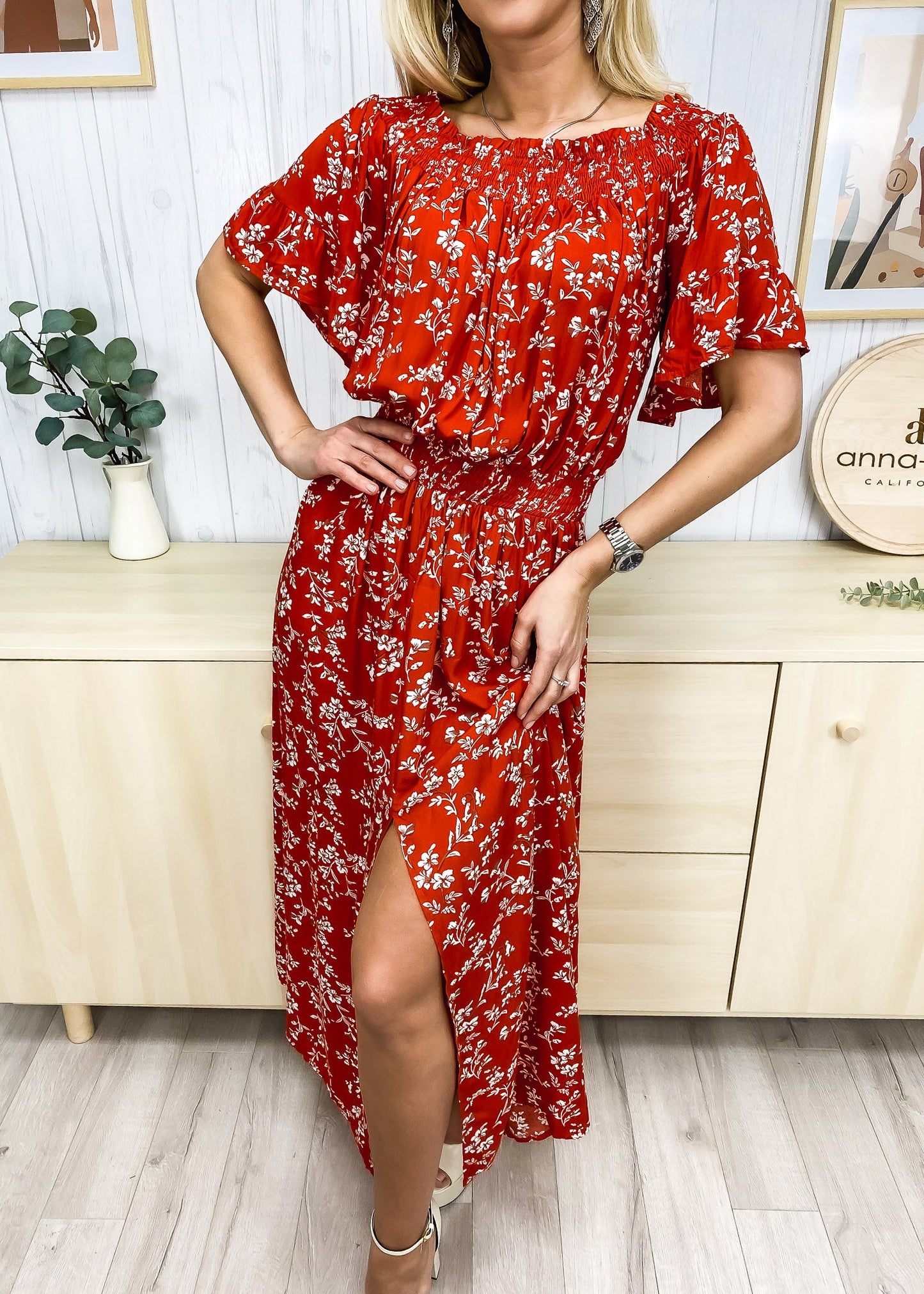 Off-Shoulder Front Slit Dress