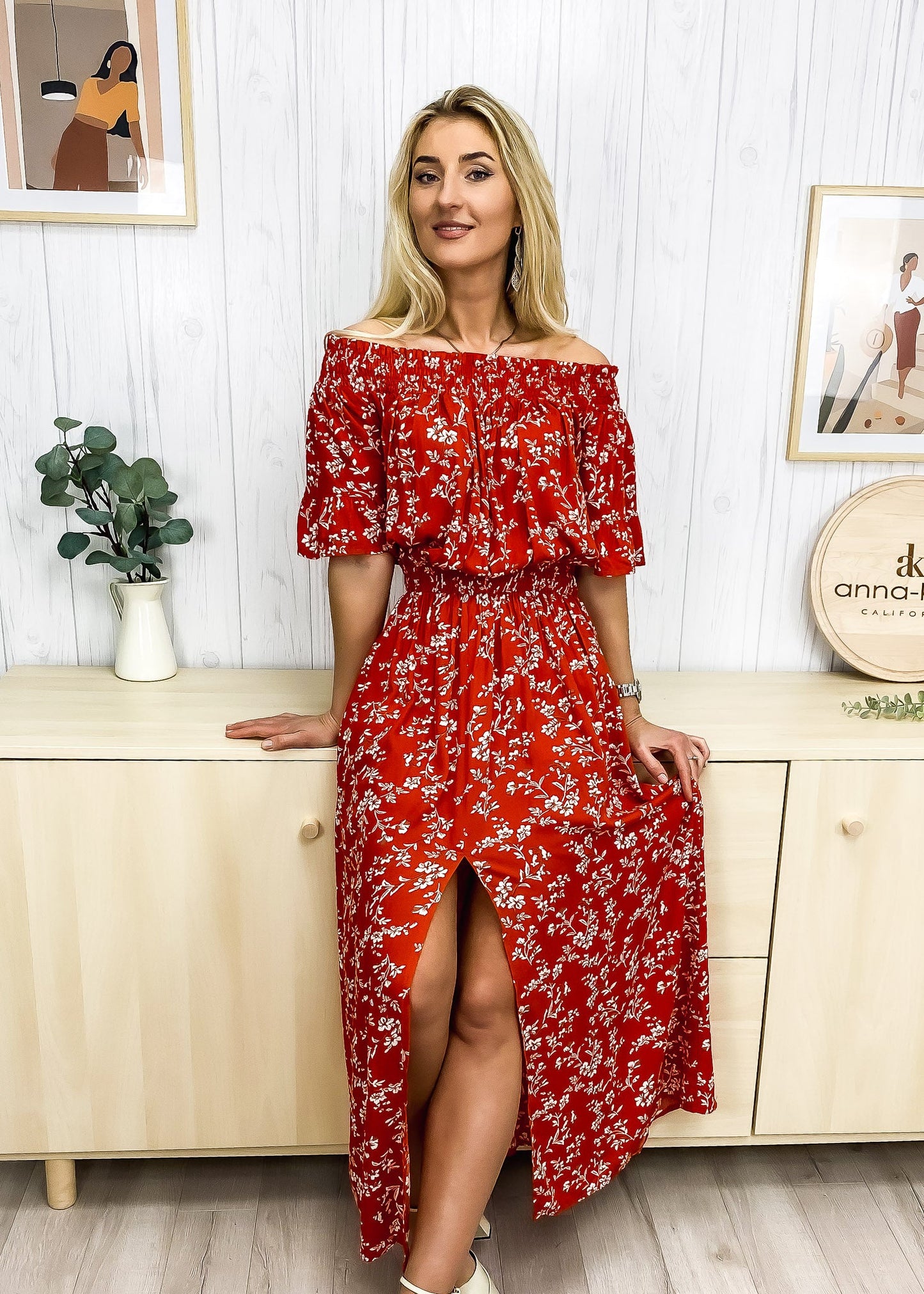 Off-Shoulder Front Slit Dress
