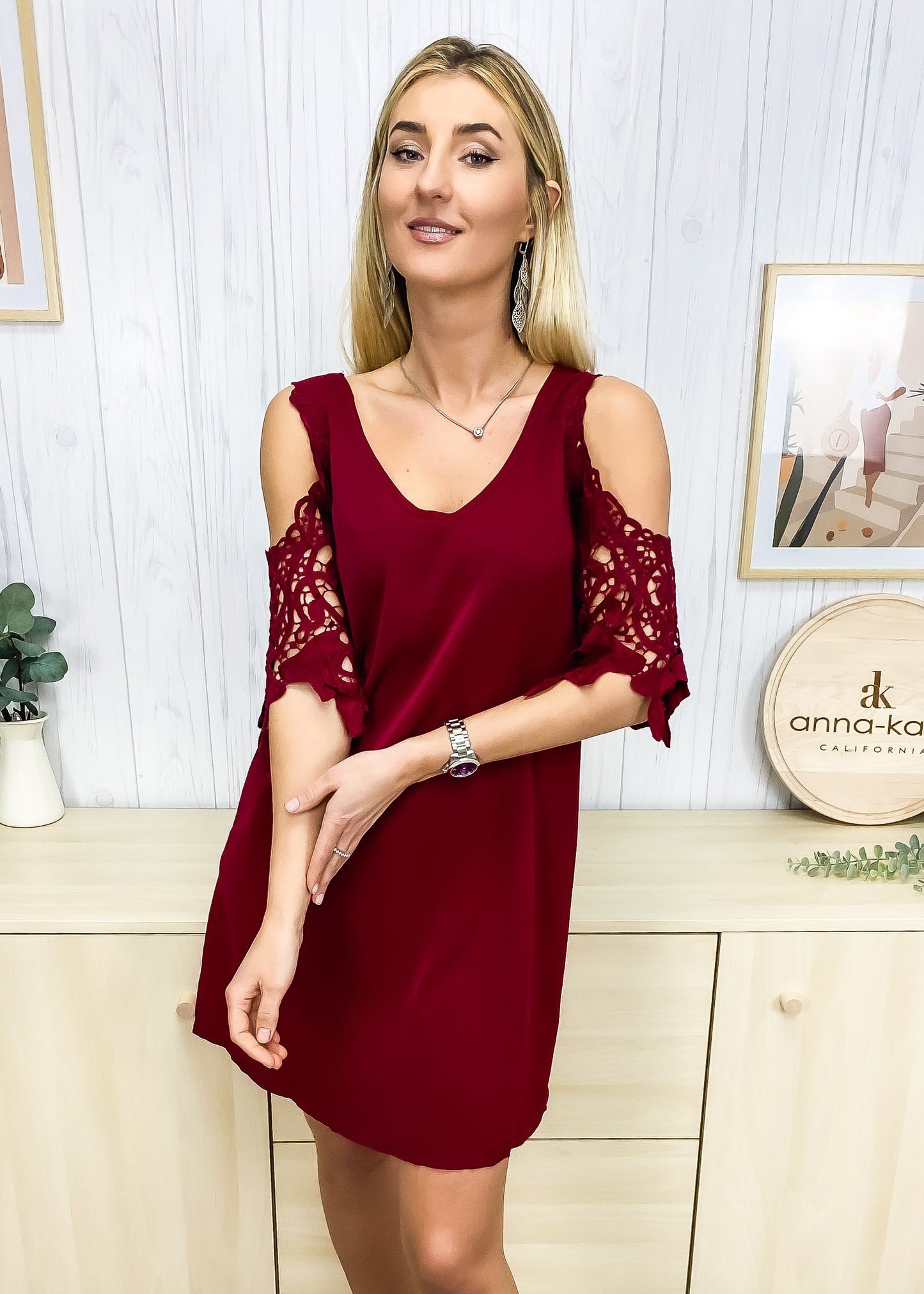 Shoulder Cutout Lace Sleeve Dress