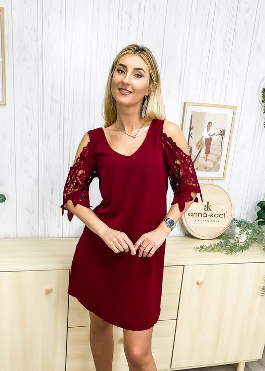 Shoulder Cutout Lace Sleeve Dress