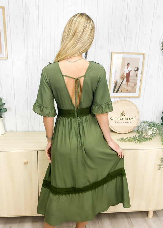 Solid Plunge Neck Lace Trim Dress