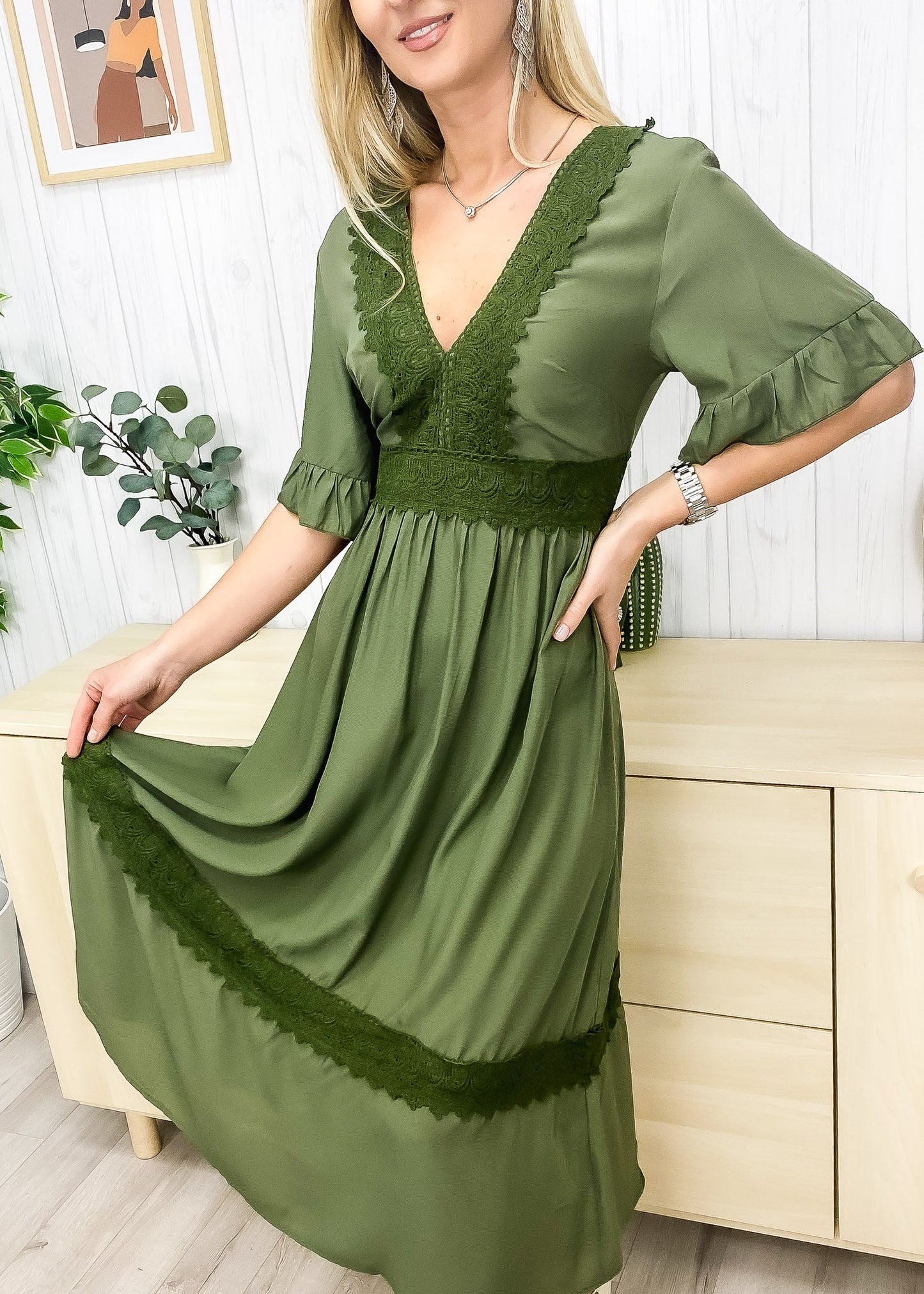 Solid Plunge Neck Lace Trim Dress