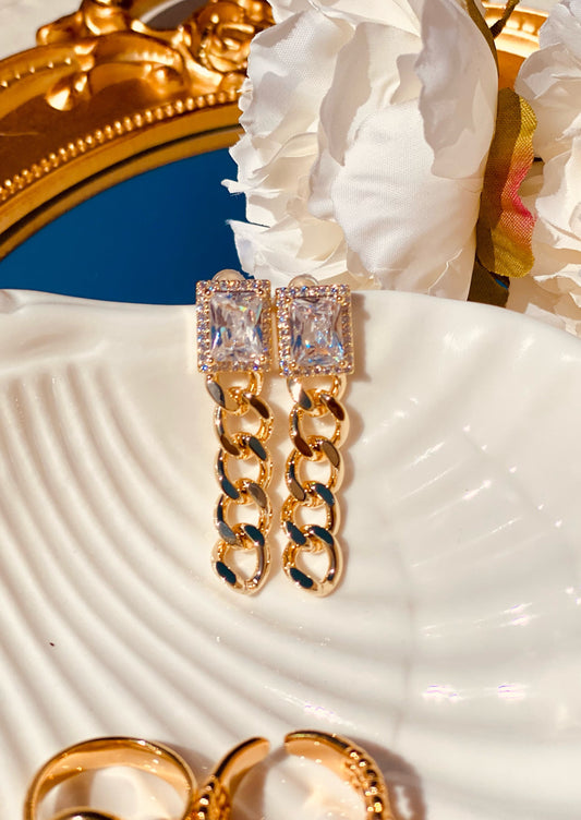 Gold Chain with Rectangular Crystal Earring