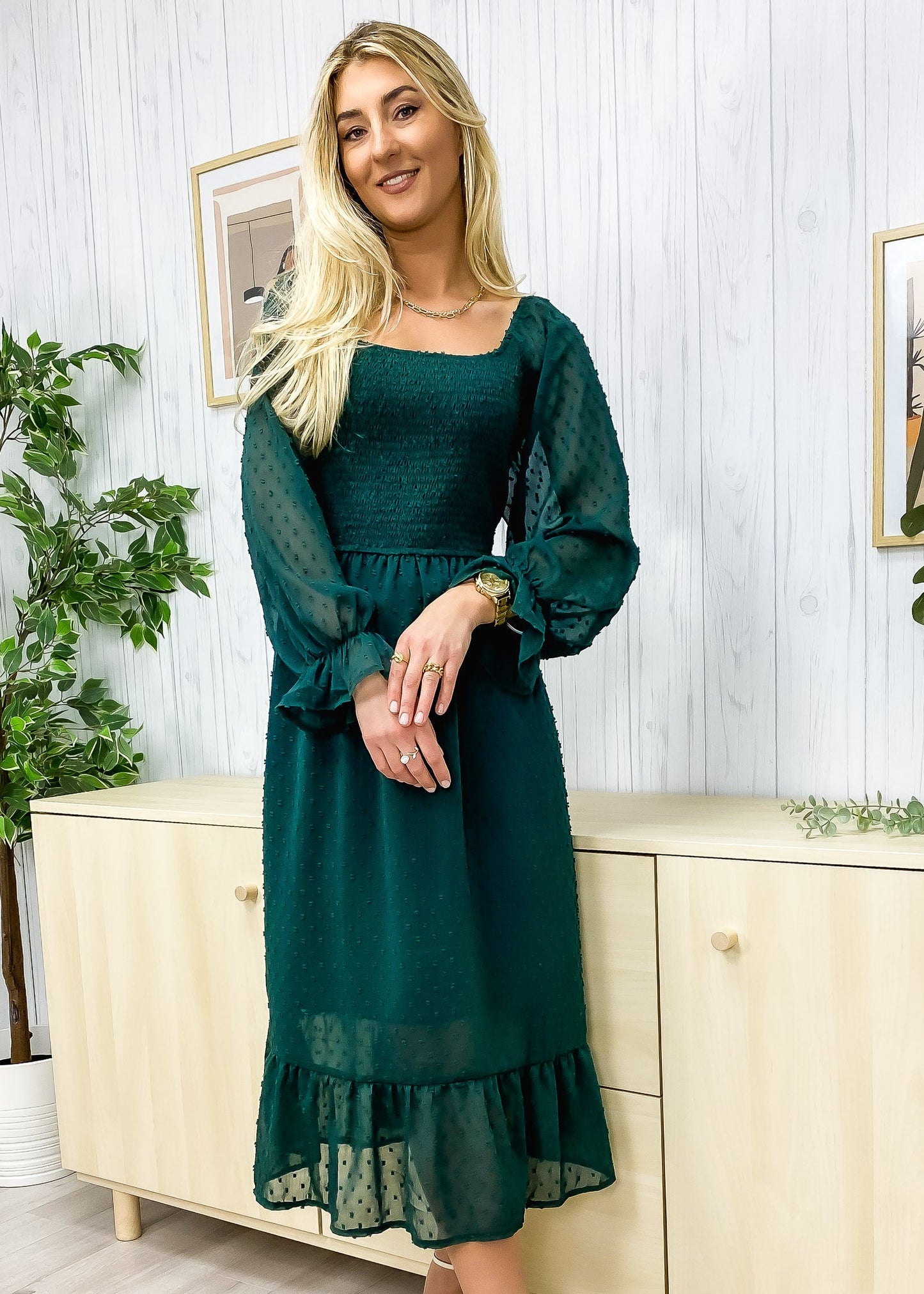 Square Neck Swiss Dot Midi Dress