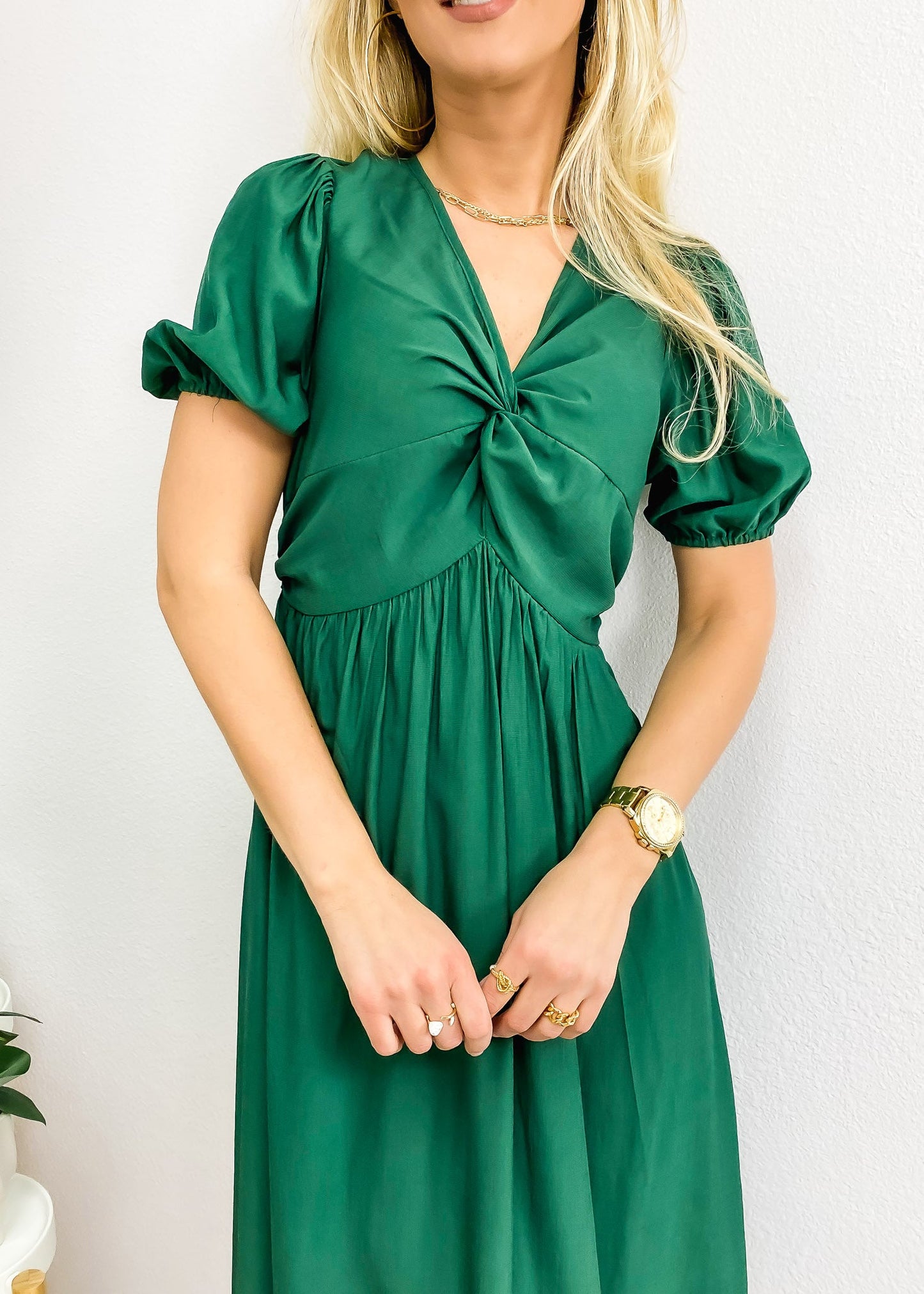 Twist Front Puff Sleeve Dress